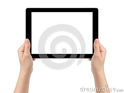 Female teen hands holding generic tablet horizontal Stock Photo