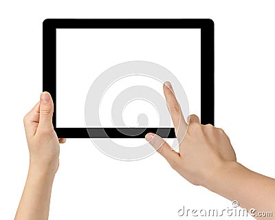 Female teen hands using tablet pc with white screen Stock Photo