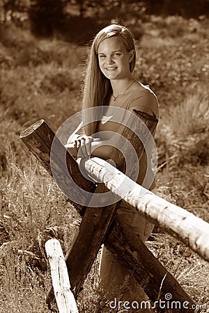 Female Teen Rural Sepia Stock Photo