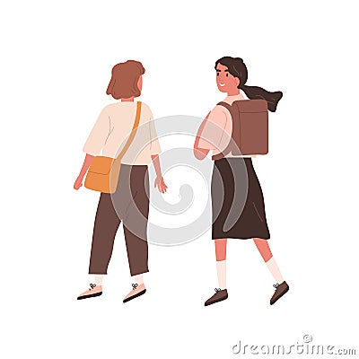 Female teenage friends wearing school uniform walking with schoolbags. Chatting teen classmates or pupils isolated on Vector Illustration