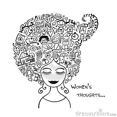 Female thoughts in head about current affairs. Sketch for your design Vector Illustration