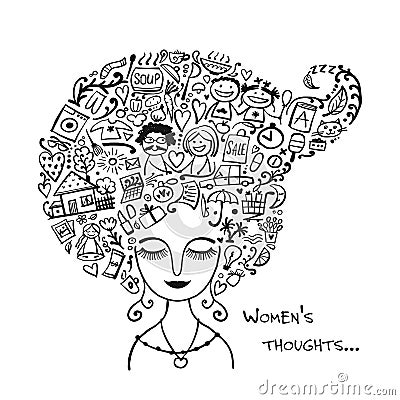 Female thoughts in head about current affairs. Sketch for your design Vector Illustration