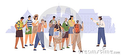 Female tour guide showing interesting places to group of tourist vector flat illustration. People admiring architecture Vector Illustration