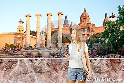 Female tourist with a bag taking mobile phone. Young woman blogging. Stock Photo