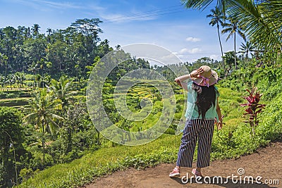 Female tourist enjoying the stepwise green rice field nature in a sunny day in Ubud, Bali Stock Photo