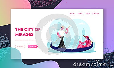 Female Tourist Having Tour to Italy Website Landing Page. Happy Woman Sit in Gondola with Champagne Glass Gondolier Vector Illustration