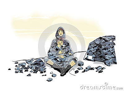 Female tourist with a small child on her lap in camouflage suits is sitting near the tent on spotted stones. Isolated on white Stock Photo