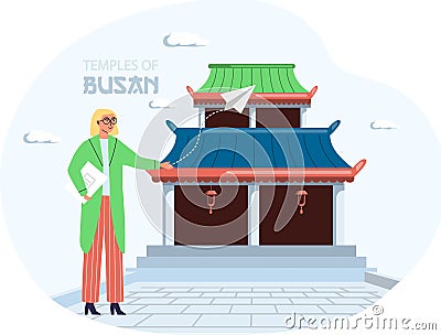 Female tourist stands next to wooden temple traditional construction of asian culture in Busan Vector Illustration