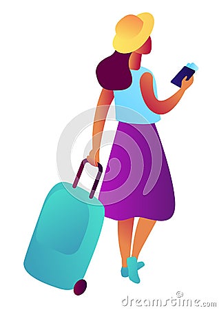 Female tourist with suitcase, passport and ticket isometric 3D illustration. Vector Illustration