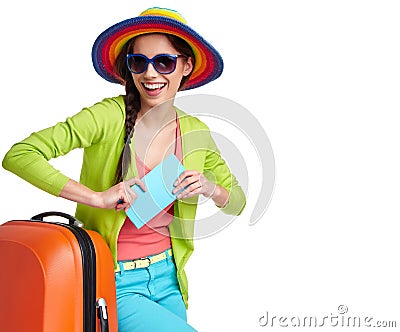 Female tourist with travel suitcase Stock Photo