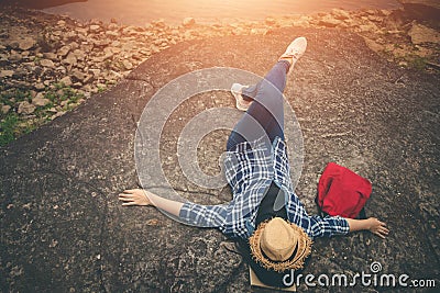 Female tourists in beautiful nature in tranquil scene in holiday. Stock Photo