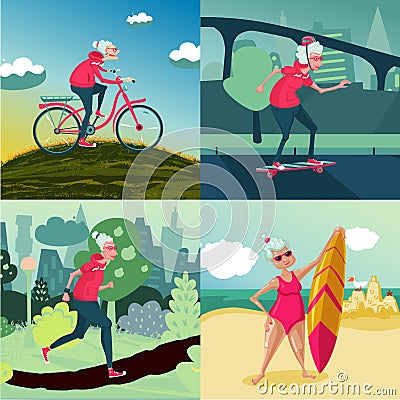 Senior adult woman outdoor sport activity. Workout on nature. Female training on retirement. Healthy lifestyle. Vector Illustration