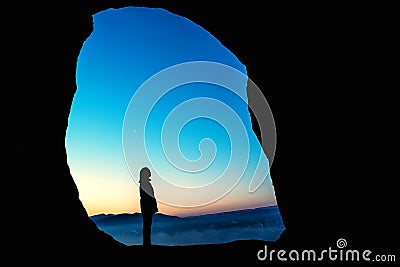 Female traveler in mountains at night Editorial Stock Photo