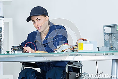 Female using calibrating machine Stock Photo