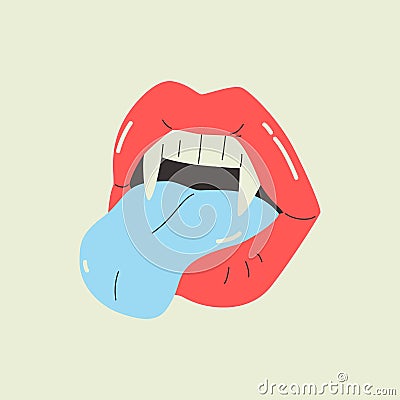 Female vampire lips. Funky cartoon womans open mouth with tongue, Dracula teeth Vector Illustration