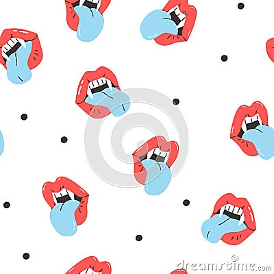 Female vampire lips seamless pattern. Funky cartoon womans open mouth with tongue, Dracula teeth background Vector Illustration