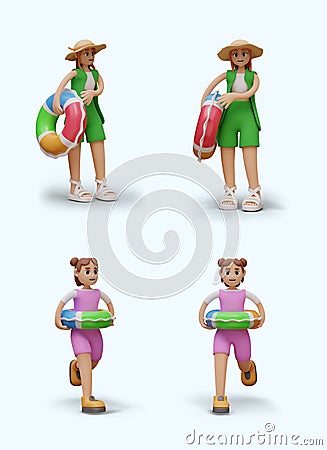 Female vector characters on vacation. Woman in sun hat, girl with inflatable ring Vector Illustration