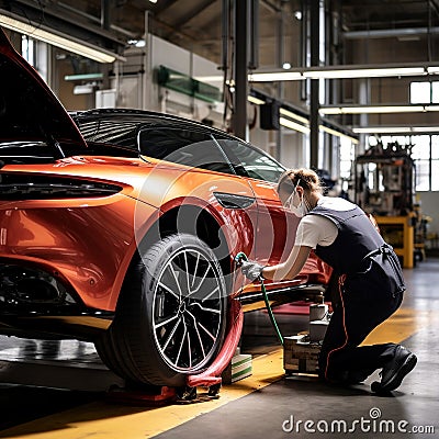 female vehicle technician buffing and detailing an a car Stock Photo