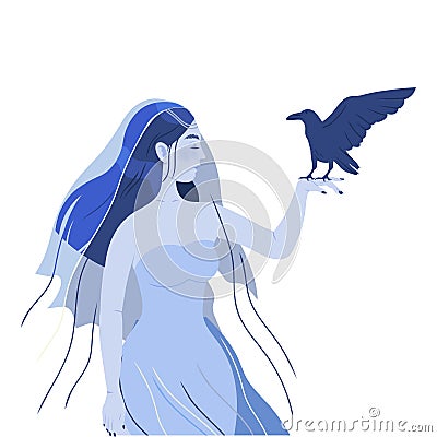 Female in Veil with Raven as Psychic Performing Occult Ritual Summoning Spirit Vector Illustration Vector Illustration