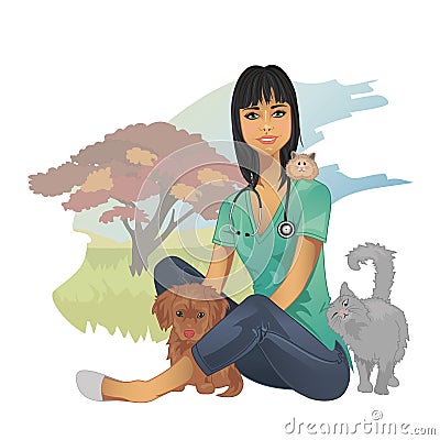 Female veterinarian surrounded by pets Stock Photo