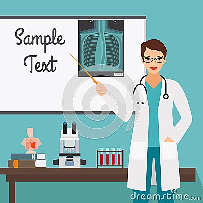 Female virologist with radiology on stand Vector Illustration