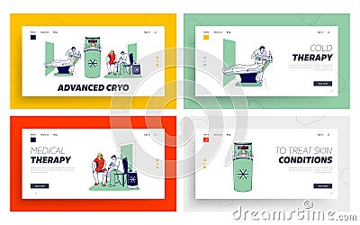 Female Visit Cryotherapy Landing Page Template Set. Women Apply Face and Leg Cryo Physiotherapy, Girl in Cryocamera Vector Illustration