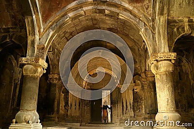 Female Visitor at the Entrance to the Chapel in Sanahin Medieval Monastery, Alaverdi Town, Armenia Stock Photo