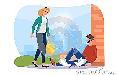 Female volunteer donates food to homeless man on the street Vector Illustration