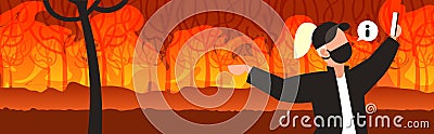 Female volunteer or firefighter taking selfie on smartphone camera dangerous wildfire bushfire global warming natural Vector Illustration