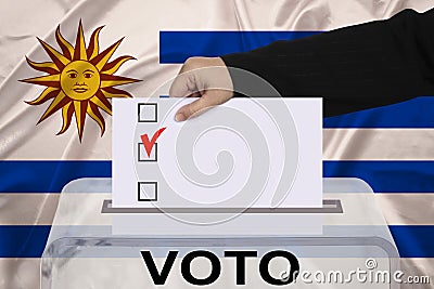 Female voter drops a ballot in a transparent ballot box on the background of the national flag of Uruguay, concept of state Stock Photo