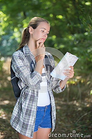 Female walker looking at map Stock Photo