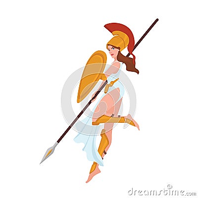 Female warrior, Greek goddess, Amazon or gladiator. Woman holding spear and shield isolated on white background Vector Illustration