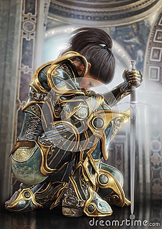 Female warrior knight kneeling proudly wearing decorative ornamental armor. Stock Photo