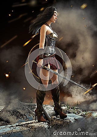 Female warrior looking on after a battle with sword and shield in hand . Stock Photo