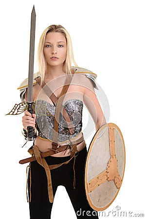 Female warrior with shield and sword Stock Photo