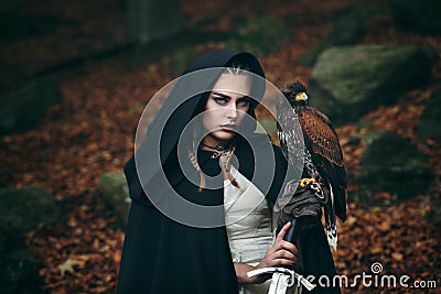 Female warrior with sword and hawk Stock Photo