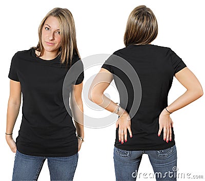 Female wearing blank black shirt Stock Photo