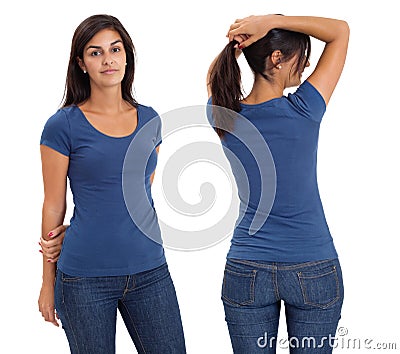 Female wearing blank blue shirt Stock Photo