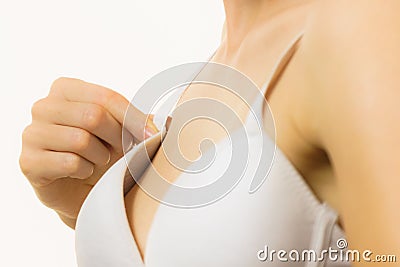 Female wearing too big bra Stock Photo