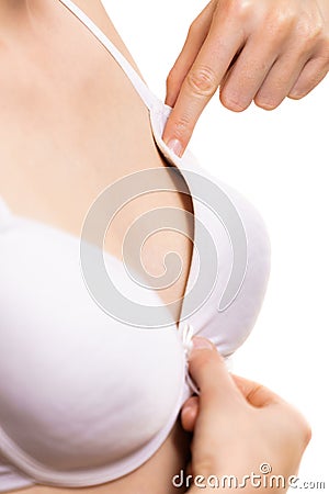 Female wearing too big bra Stock Photo