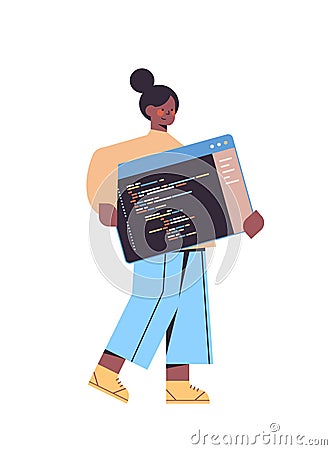 Female web developer creating program code development of software and programming concept Vector Illustration