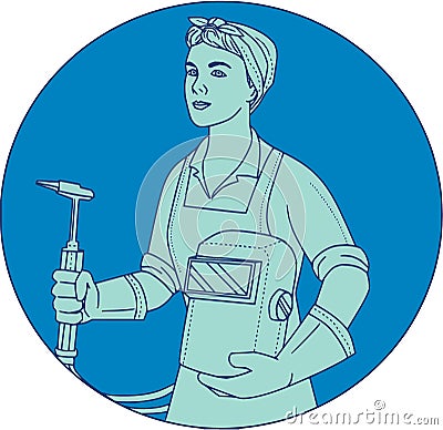 Female Welder Acetylene Welding Torch Mono Line Vector Illustration