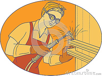 Female Welder Acetylene Welding Vintage Mono Line Vector Illustration