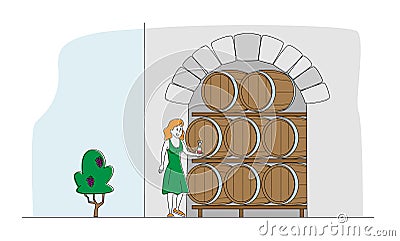 Female Winemaker Character Tasting Wine at Wine Cellar with Oak Barrels. Winemaking Batonnage, Maceration Vector Illustration