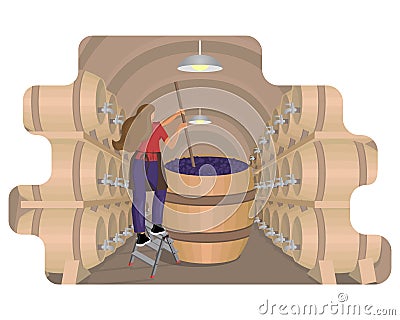 Female winemaker mixes and shakes grape pulp in wooden vat at wine cellar with oak barrels Vector Illustration