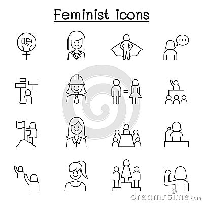 Female, woman, feminist, womenâ€™s day icons set in thin line style Vector Illustration