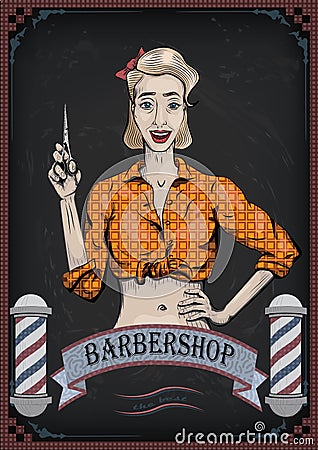 Female woman girl lady hairdresser, barber with scissors, shear, beautiful worker people portrait. Vector nice retro vertical Vector Illustration