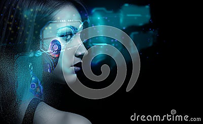 Female woman person people eye face blue tech technology element futurist robot ai artificial intelligence Stock Photo