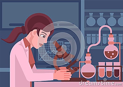 Woman Scientist Working In Laboratory Vector Illustration