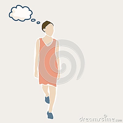 Female Woman in Summer Dress Walking and Thinking. Concept of Pondering an Idea With Isolated Thought Bubble to Add Text Stock Photo